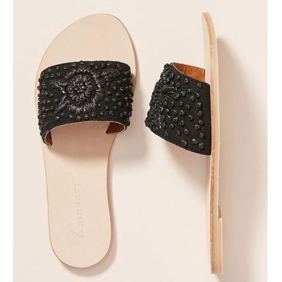 black woven slides
